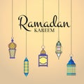 Vector Ramadan illustration with haning lanterns and arabic city silhouette