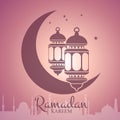 Vector Ramadan illustration with lanterns around moon with arabic city silhouette