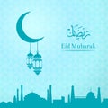 Vector Ramadan illustration with lanterns hanging from moon with arabic city silhouette and place for text on pattern