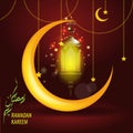 Vector Ramadan kareem greeting card design with hanging lantern or fanoos and big moon.