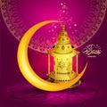 Vector Ramadan kareem vector greetings design with lantern or fanoos mock up with golden background.