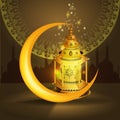 Vector Ramadan kareem vector greetings design with lantern or fanoos mock up with golden background.