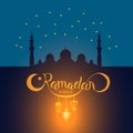Vector Ramadan kareem lettering on mosque under blue star sky