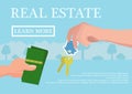 Vector real estate concept in flat style - businessmans hand giving keys and buyer give money, web banner, houses for