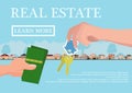 Vector real estate concept in flat style - businessmans hand giving keys and buyer give money, web banner, houses for