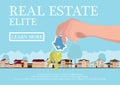 Vector real estate concept in flat style - hands giving keys, banner for sale, elite houses for sale or rent. vector