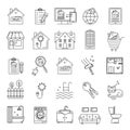 Vector real estate line style icons set. Linear signs with sale and rent buildings, house, flat and room. Royalty Free Stock Photo