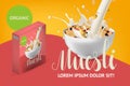 Vector realism style poster, site or banner template with illustration muesli in bowl