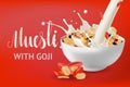 Vector realism style poster, site or banner template with illustration muesli in bowl