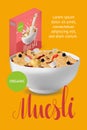 Vector realism style poster, site or banner template with illustration muesli in bowl