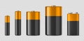 Vector realistic alkaline batteriy icon set. Diffrent size - AAA, AA, C, D, PP3. Design template for branding, mockup