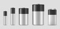 Vector realistic alkaline batteriy icon set. Diffrent size - AAA, AA, C, D, PP3. Design template for branding, mockup