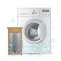 Vector realistic automatic closed washing-machine and wooden ribbed hand washboard