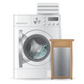 Vector realistic automatic open washing-machine with pile bright towels