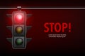 Vector Realistic Banner with Hanging Traffic Light with Glowing Red Prohibiting Signal Isolated on Black Background Royalty Free Stock Photo