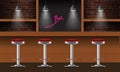 Vector realistic bar, pub interior with brick walls, wooden counter, chairs, shelves and lamps with beam