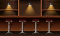 Vector realistic bar, pub interior with brick walls, wooden counter, chairs, shelves and lamps with beam