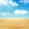 Vector realistic beach landscape. Yellow sand desert and blue sky with clouds. Summer vacation background Royalty Free Stock Photo