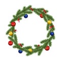 Vector realistic beautiful christmas wreath frame decorated with colorful baubles and ribbons isolated on white background Royalty Free Stock Photo