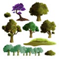 Vector realistic beautiful trees and bushes set. Summer trees collection. Green grass, huge foliage and apple tree. Isolated on