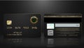 Vector realistic black credit card with abstract geometric background. Golden element credit card dark design template. Bank