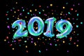 Vector Realistic 2019 blue ballon. numbers and festive confetti, black background. holiday illustration. Happy New 2019 Year.