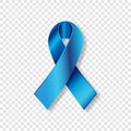 Vector Realistic Blue ribbon to Prostate Cancer Awareness Month, October. Silk bright medical banner, 3d tape preventing