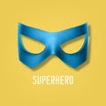 Vector Realistic Blue Super Hero Mask on Yellow Background. Face Character, Superhero Comic Book Mask Design Template Royalty Free Stock Photo