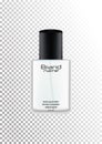 Vector realistic bottle with brand name for cosmetic products, perfume, toilet water.Transparent flacon with a black lid