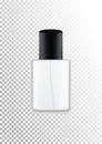 Vector realistic bottles for cosmetic products, perfume, toilet water.Transparent flacon with a black lid.