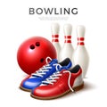 Vector realistic bowling ball shoes skittle pins Royalty Free Stock Photo