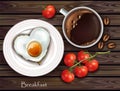 Vector realistic breakfast egg and coffee. Wooden texture background. Top view