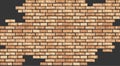 Vector realistic broken brown brick wall on black background. Holes in flat wall texture. Dark textured destroyed Royalty Free Stock Photo