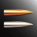 Vector realistic bullet on transparent background. Shiny rifle bullets