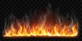 Realistic fire with smoke isolated on transparent background. Vector mockup of flame border Royalty Free Stock Photo