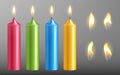 Vector realistic candle set with fire isolated on transparent background. Diferent color candles collection with flame for Royalty Free Stock Photo