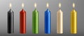 Vector realistic candle set with fire isolated on transparent background. Diferent color candles collection with flame for Royalty Free Stock Photo