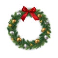 Vector realistic christmas wreath with gold and silver baubles and red ribbon, decorative round frame isolated on white background Royalty Free Stock Photo