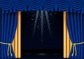 Vector realistic classic blue and gold stage curtains with spotlights Royalty Free Stock Photo