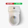 Vector 3d Realistic Clean and Dirty White Ceramic Toilet in Toilet Room. Before, After. Opened Toilet Bowl with Lid