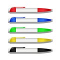 Vector realistic colored ballpoint set. Different color pens isolated on white background.