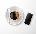 Vector realistic cup coffee saucer spoon phone Royalty Free Stock Photo