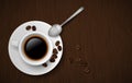 Vector realistic cup of coffee on wooden table with spoon, coffee beans and space for your text Royalty Free Stock Photo