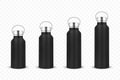 Vector Realistic 3d Black Blank Glossy Metal Reusable Water Bottle Icon Set with Silver Bung Closeup Isolated on White Royalty Free Stock Photo