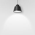 Vector Realistic 3d Black Spotlight, Hang Ceiling Lamp or Chandelier on Rope Illuminating the Wall Closeup on Grey