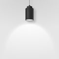 Vector Realistic 3d Black Spotlight, Hang Ceiling Lamp or Chandelier on Rope Illuminating the Wall Under it Closeup on