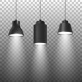 Vector Realistic 3d Black Spotlights or Hang Ceiling Lamp Set on Rope Closeup Isolated on Transparent Background. Design Royalty Free Stock Photo