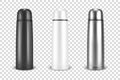 Vector realistic 3d black, white and silver empty glossy metal vacuum thermo tumbler flask icon set closeup on