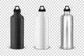 Vector realistic 3d black, white and silver empty glossy metal water bottle with black bung icon set closeup on Royalty Free Stock Photo