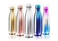 Vector Realistic 3d blue and gold Empty Glossy Metal Reusable Water Bottle with Silver Bung Set Closeup on Transparency Royalty Free Stock Photo